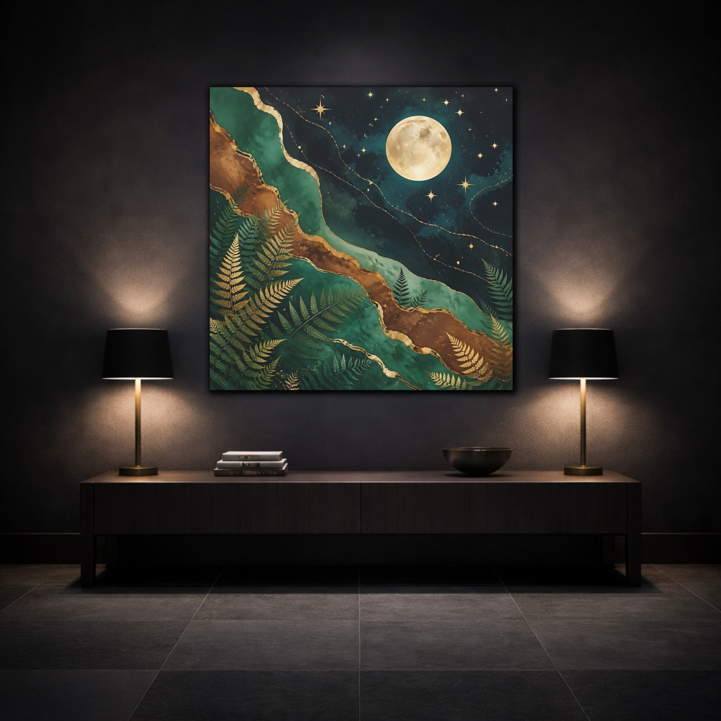 Mockup 3. Nature Moon And Ferns Emerald Gold Nature shown as stretched canvas wall art
