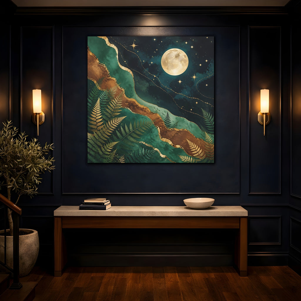 Mockup 4. Nature Moon And Ferns Emerald Gold Nature shown as stretched canvas wall art