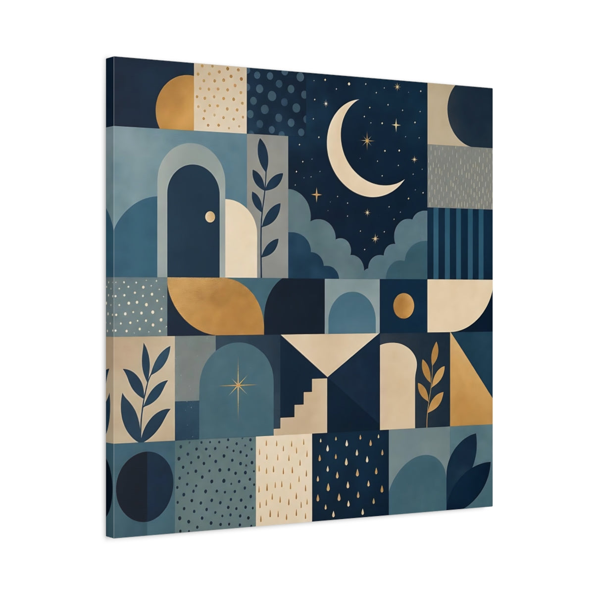 Main Mockup. Nature Moon And Stars Blue And Gold shown as stretched canvas wall art