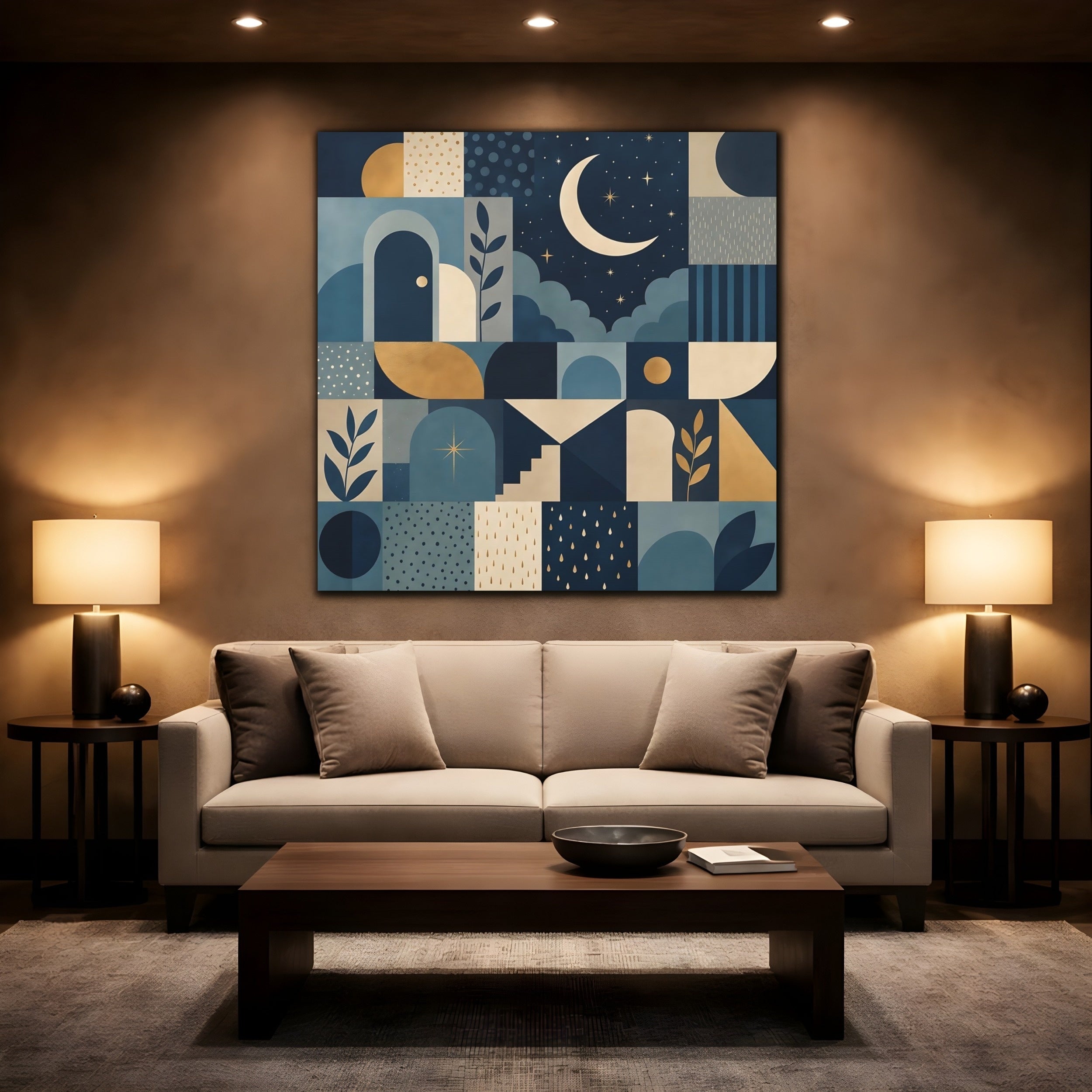 Mockup 2. Nature Moon And Stars Blue And Gold shown as stretched canvas wall art