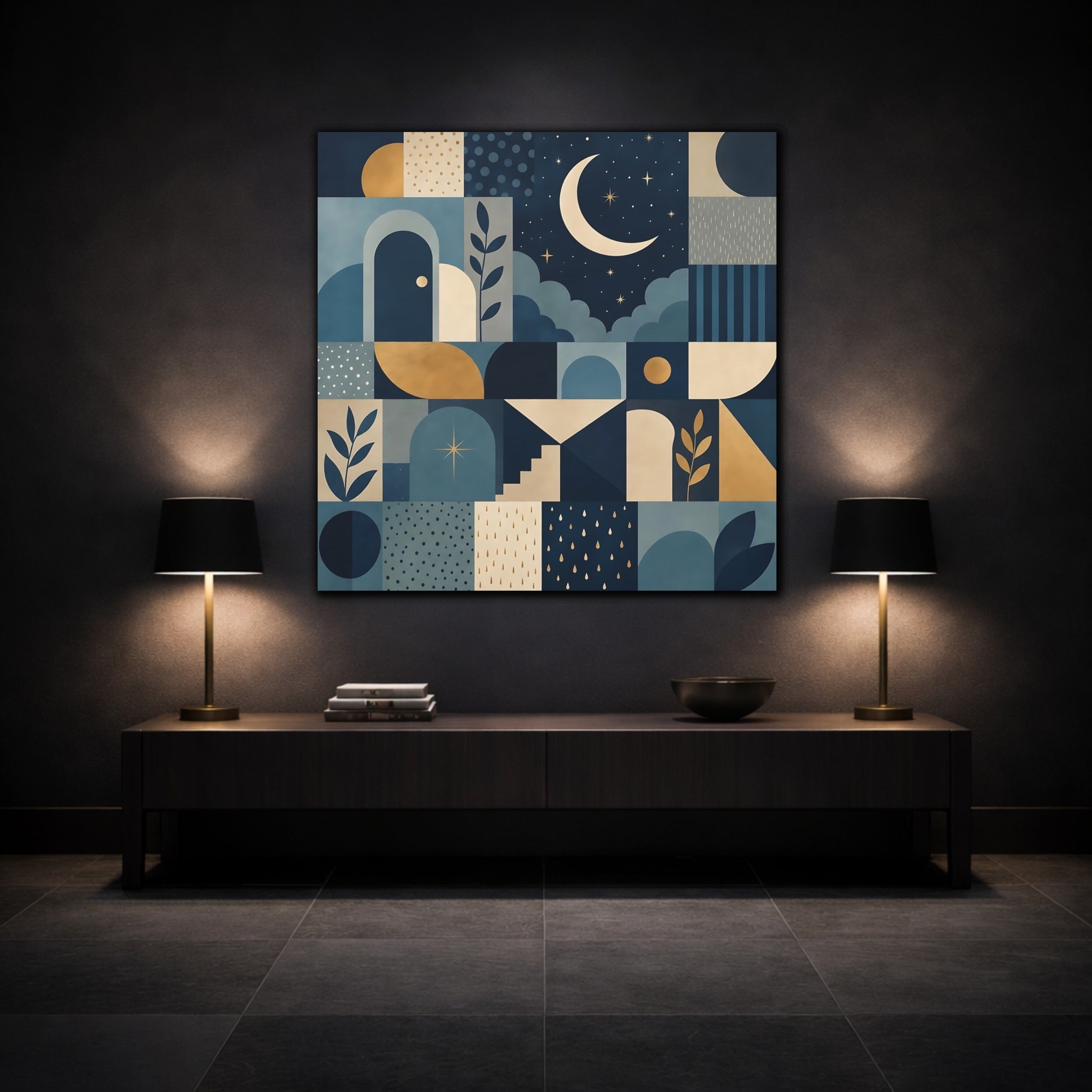 Mockup 3. Nature Moon And Stars Blue And Gold shown as stretched canvas wall art