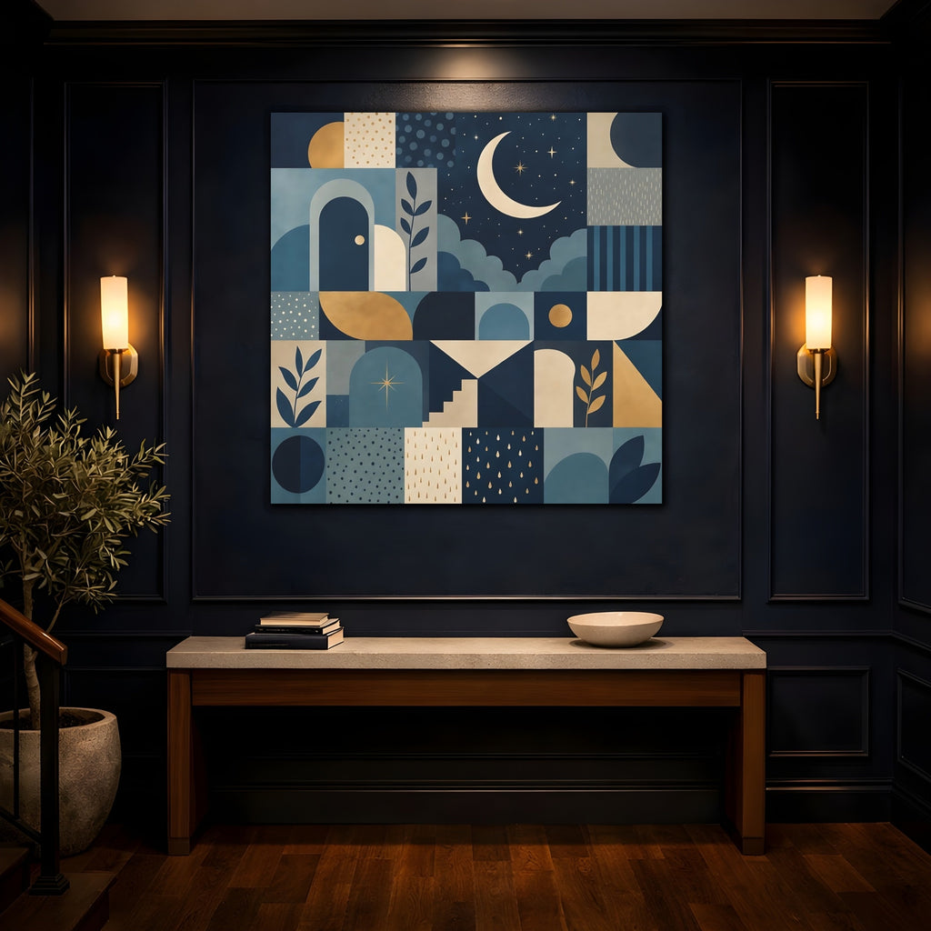 Mockup 4. Nature Moon And Stars Blue And Gold shown as stretched canvas wall art