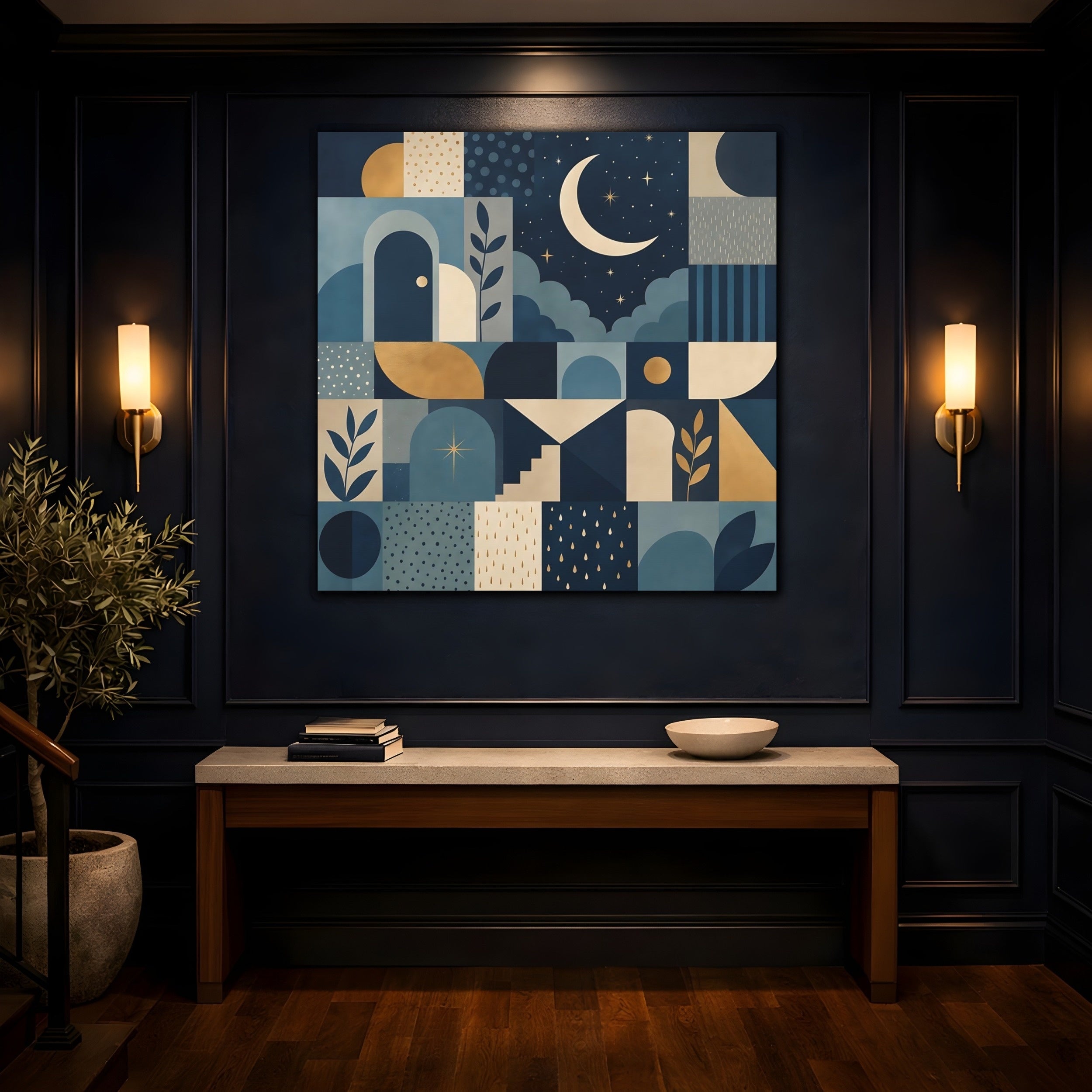 Mockup 4. Nature Moon And Stars Blue And Gold shown as stretched canvas wall art