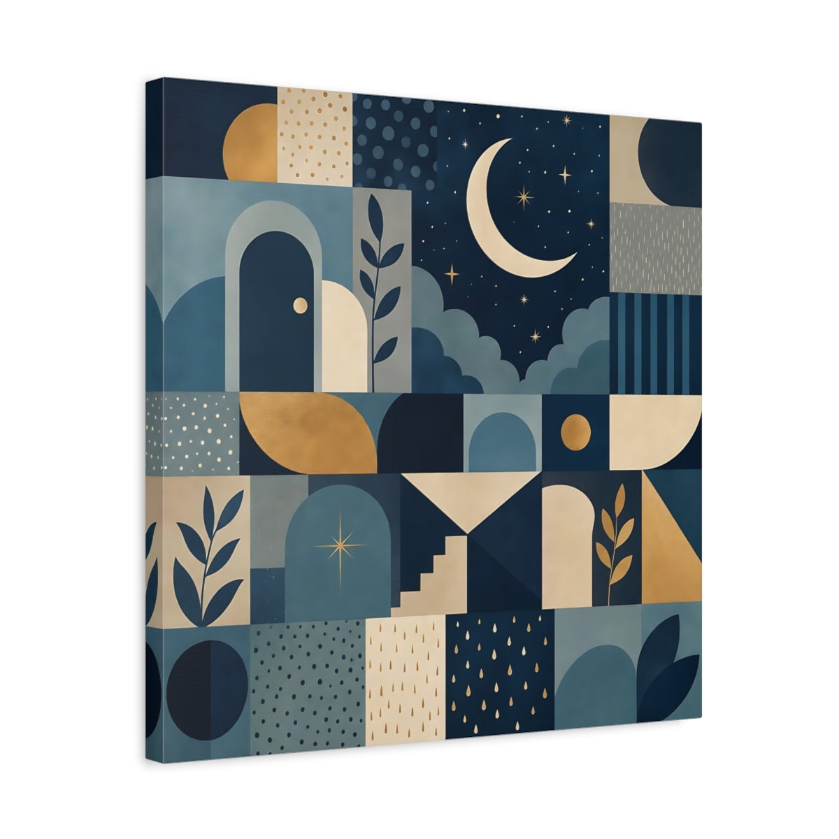 Side Mockup 5. Nature Moon And Stars Blue And Gold shown as stretched canvas wall art
