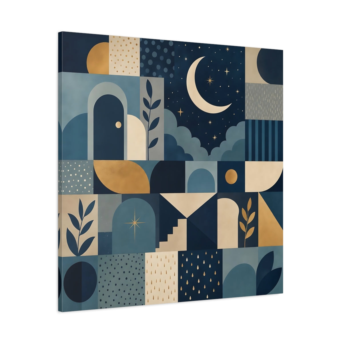 Side Mockup 1. Nature Moon And Stars Blue And Gold shown as stretched canvas wall art