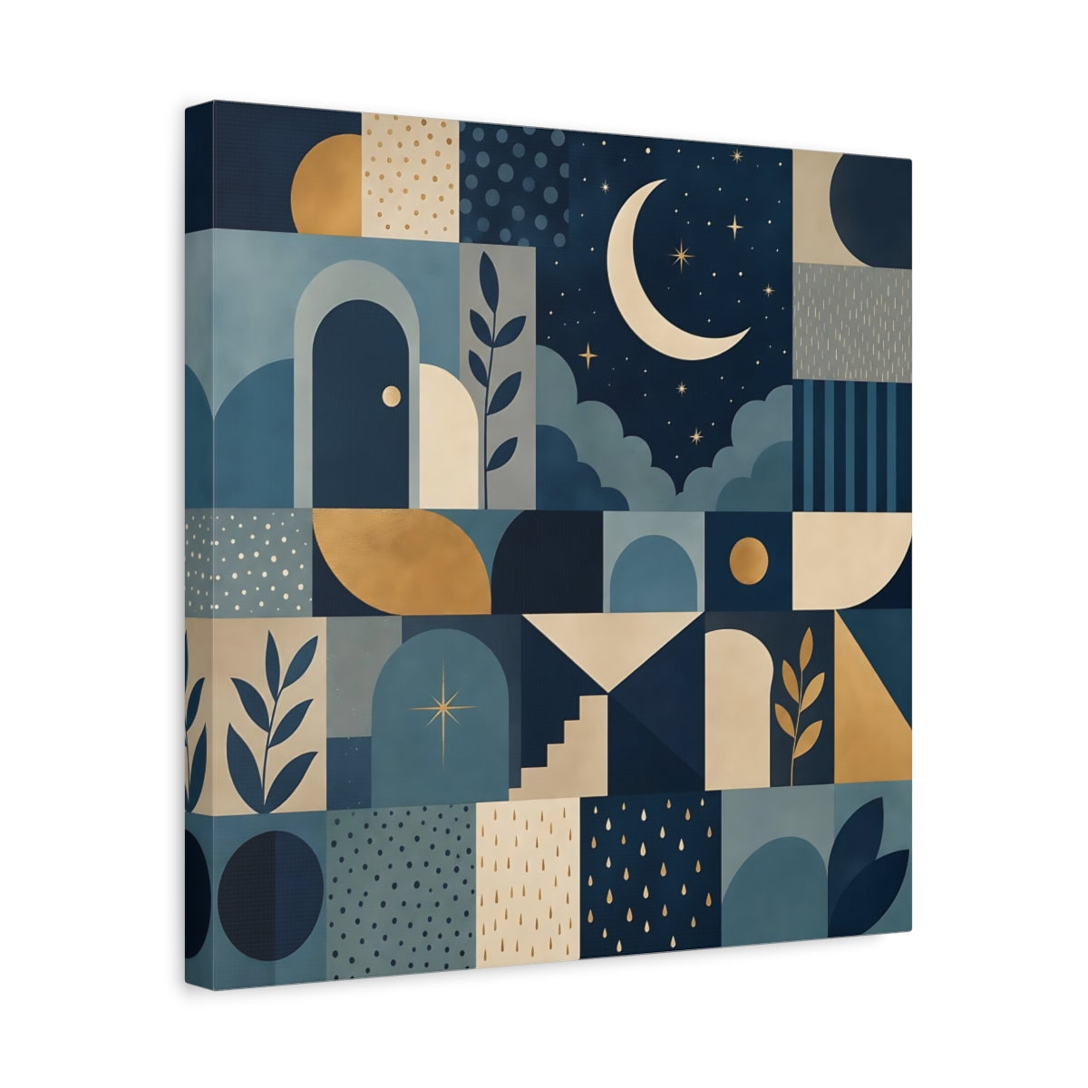 Side Mockup 6. Nature Moon And Stars Blue And Gold shown as stretched canvas wall art