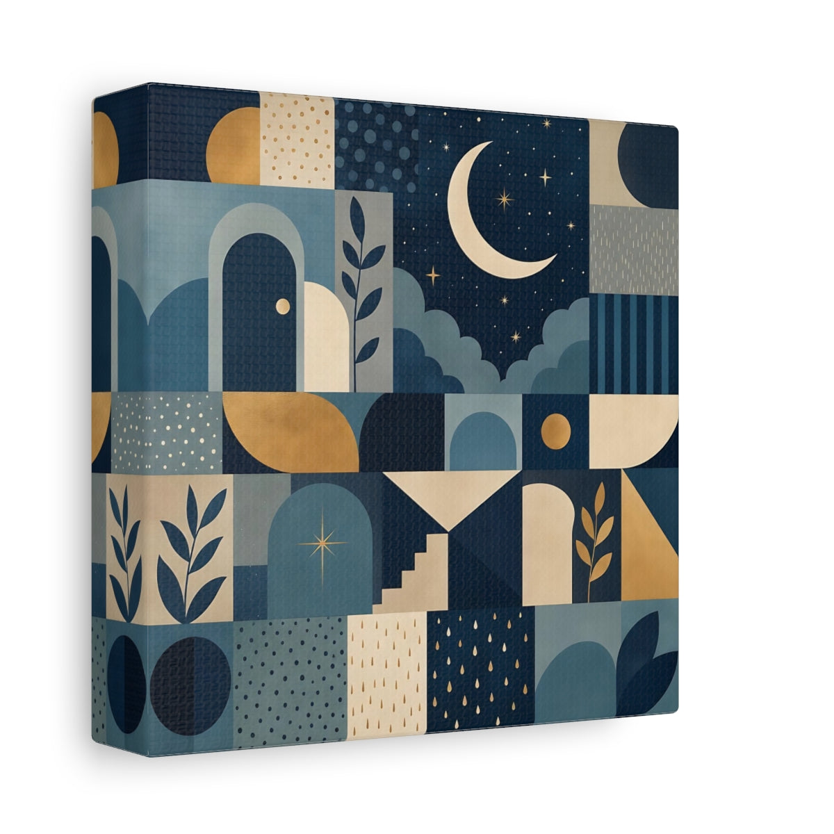 Side Mockup 2. Nature Moon And Stars Blue And Gold shown as stretched canvas wall art