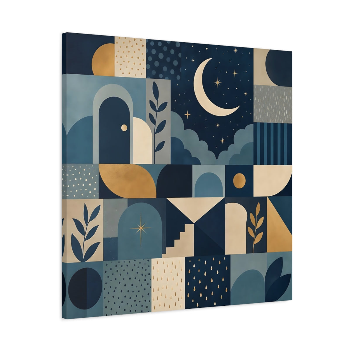 Side Mockup 3. Nature Moon And Stars Blue And Gold shown as stretched canvas wall art