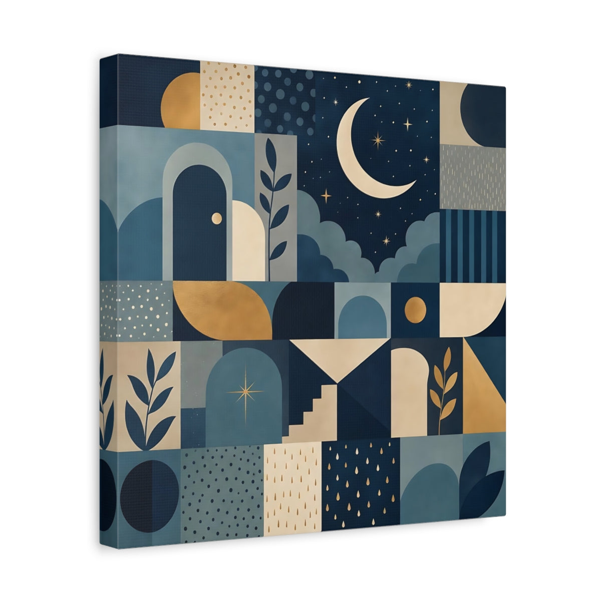 Side Mockup 7. Nature Moon And Stars Blue And Gold shown as stretched canvas wall art