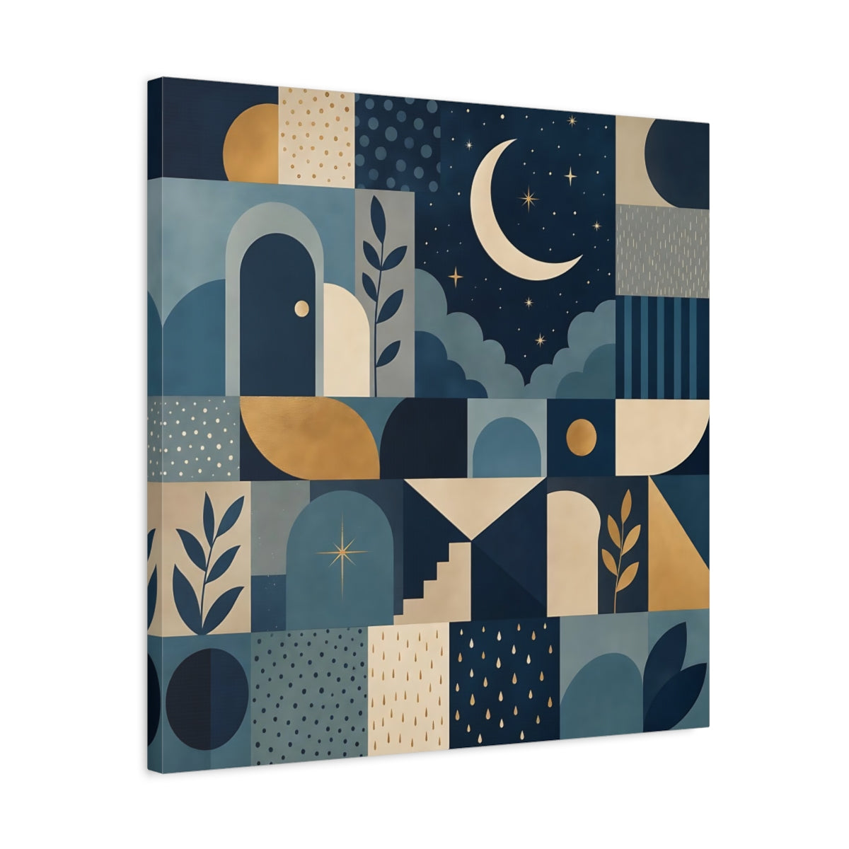 Side Mockup 4. Nature Moon And Stars Blue And Gold shown as stretched canvas wall art