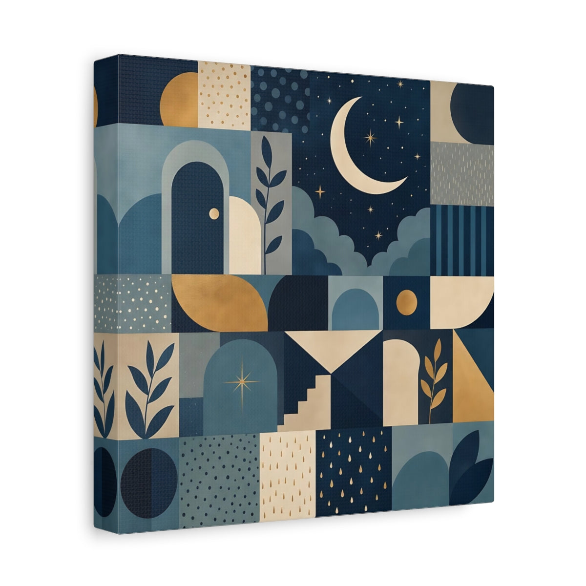 Side Mockup 9. Nature Moon And Stars Blue And Gold shown as stretched canvas wall art
