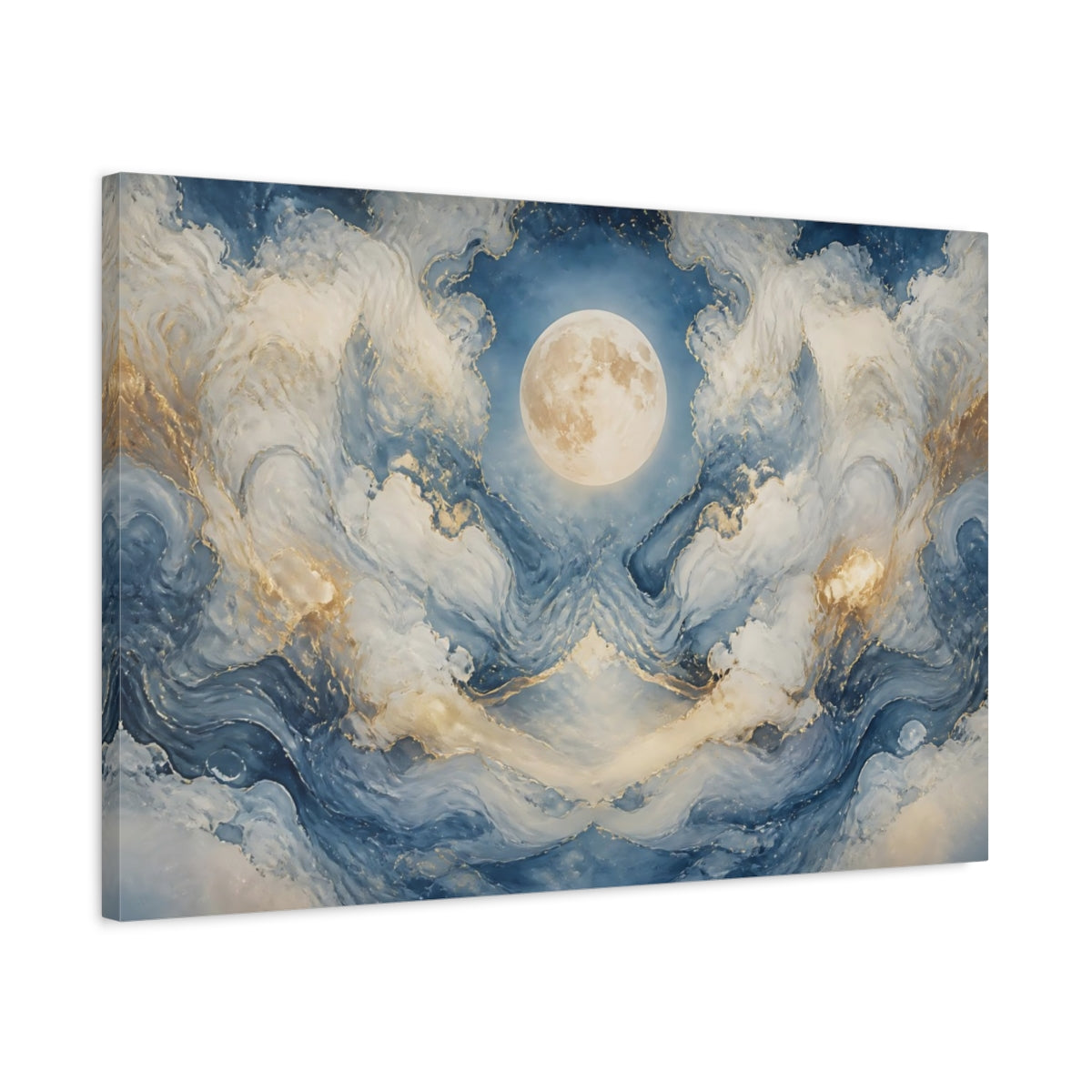 Side Mockup 2. Nature Moon Blue And Gold Moon shown as stretched canvas wall art