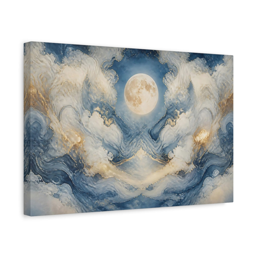 Side Mockup 4. Nature Moon Blue And Gold Moon shown as stretched canvas wall art