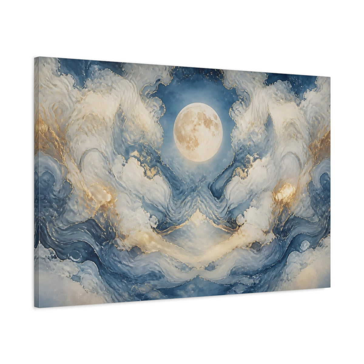Main Mockup. Nature Moon Blue And Gold Moon shown as stretched canvas wall art