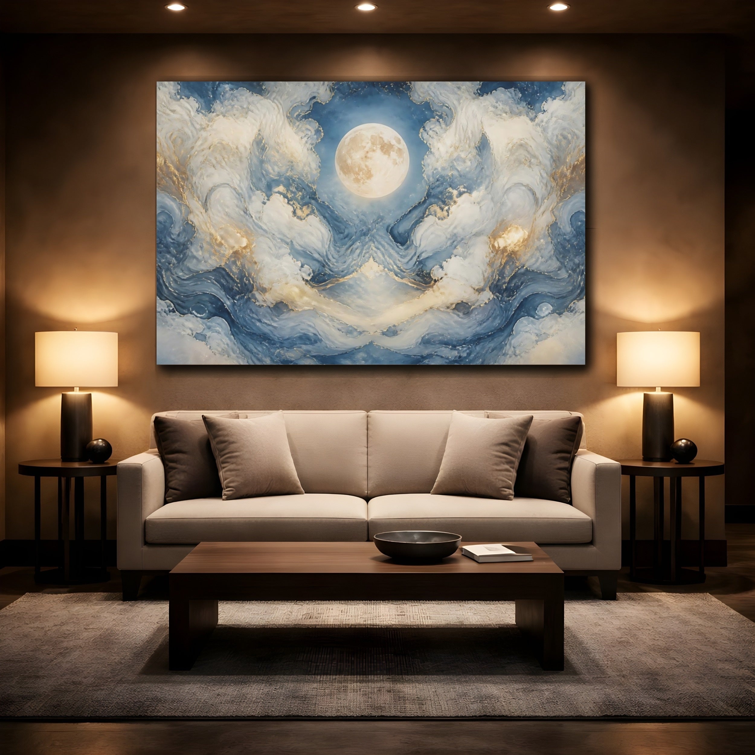 Mockup 2. Nature Moon Blue And Gold Moon shown as stretched canvas wall art