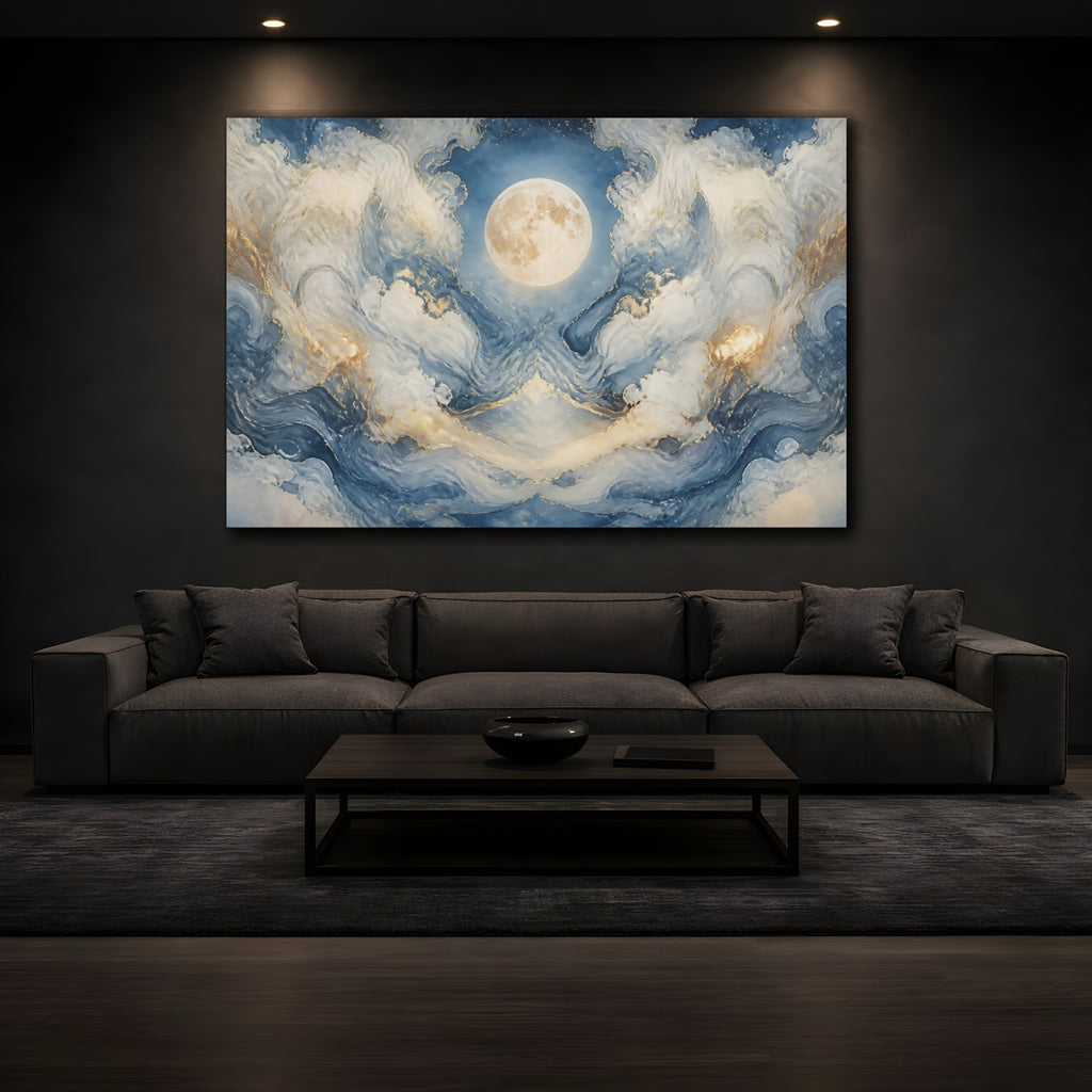 Mockup 3. Nature Moon Blue And Gold Moon shown as stretched canvas wall art