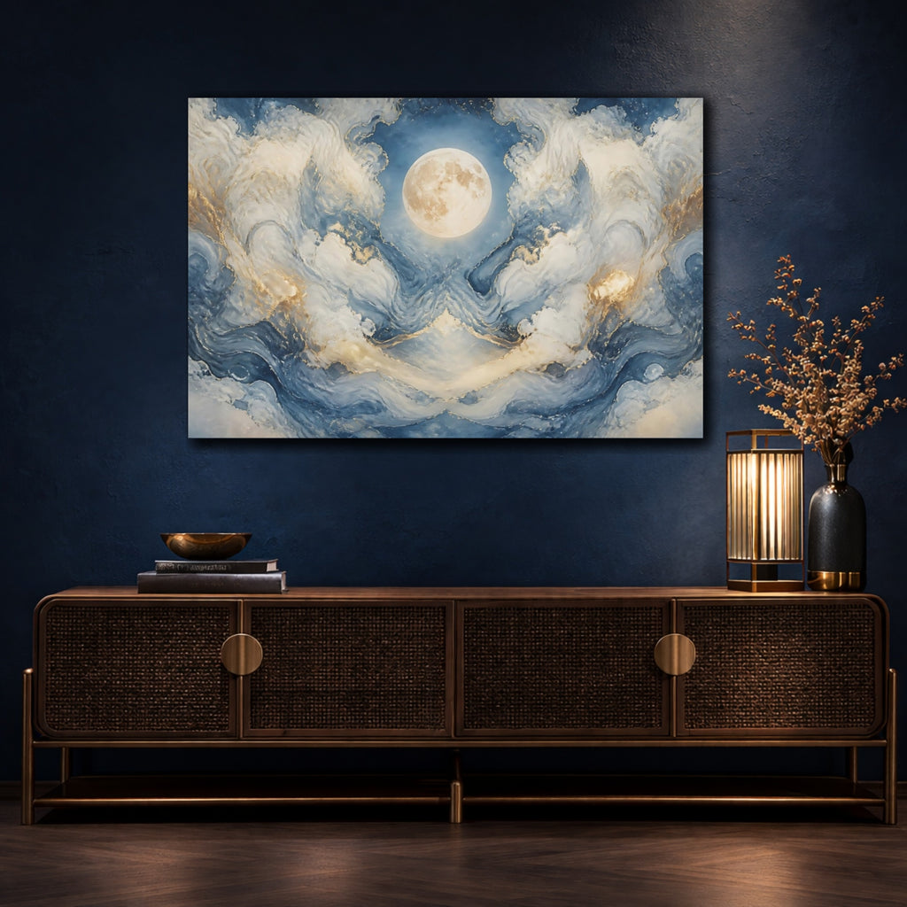 Mockup 4. Nature Moon Blue And Gold Moon shown as stretched canvas wall art