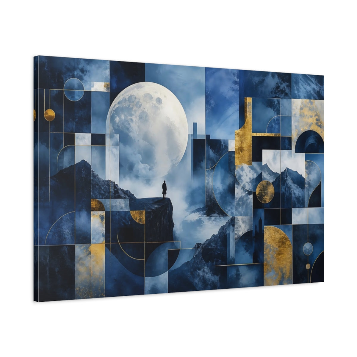 Main Mockup. Nature Moon Blue Gold Abstract shown as stretched canvas wall art