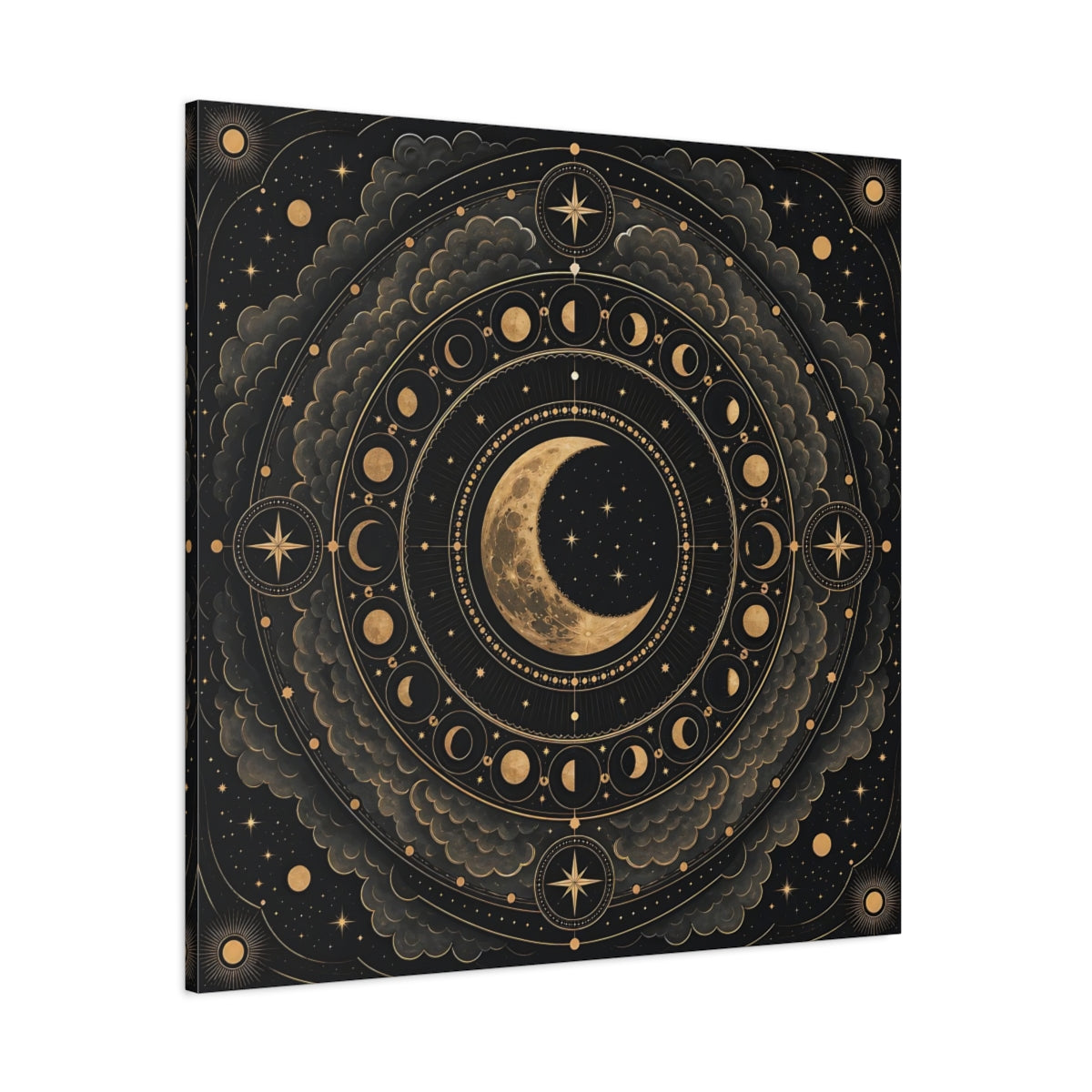 Side Mockup 1. Nature Moon Phases Black And Gold Celestial shown as stretched canvas wall art