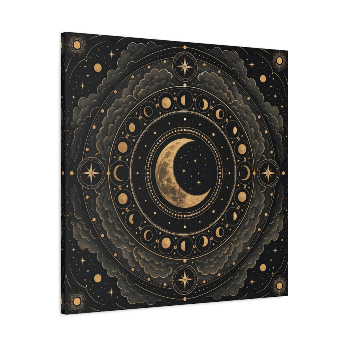 Side Mockup 3. Nature Moon Phases Black And Gold Celestial shown as stretched canvas wall art