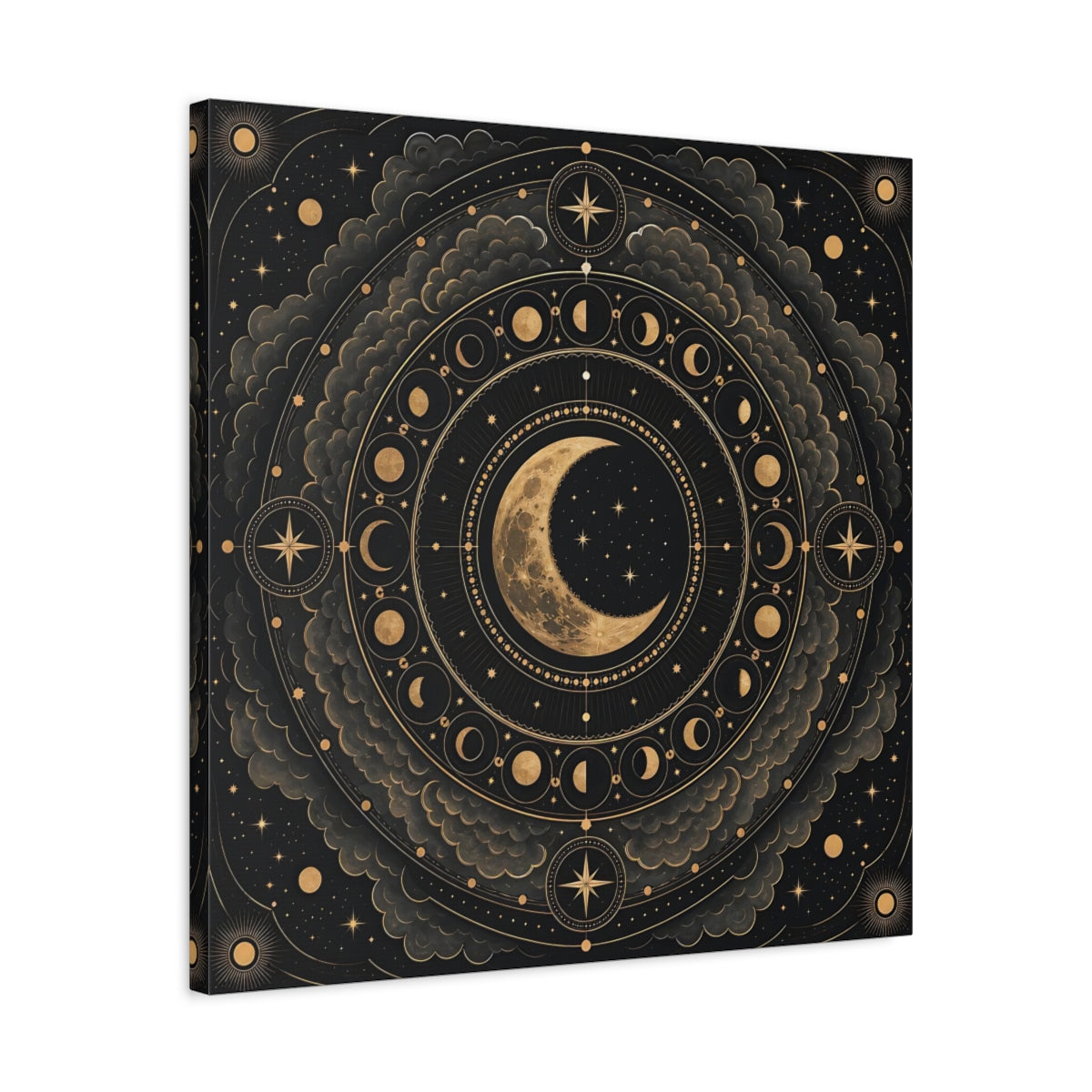 Side Mockup 4. Nature Moon Phases Black And Gold Celestial shown as stretched canvas wall art