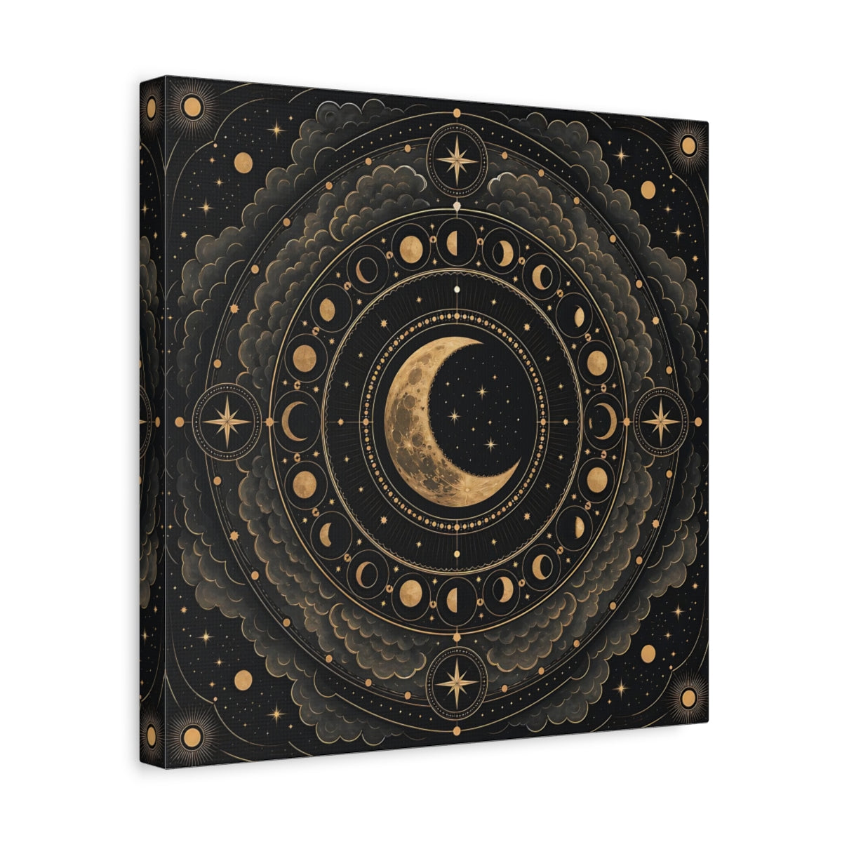 Side Mockup 7. Nature Moon Phases Black And Gold Celestial shown as stretched canvas wall art