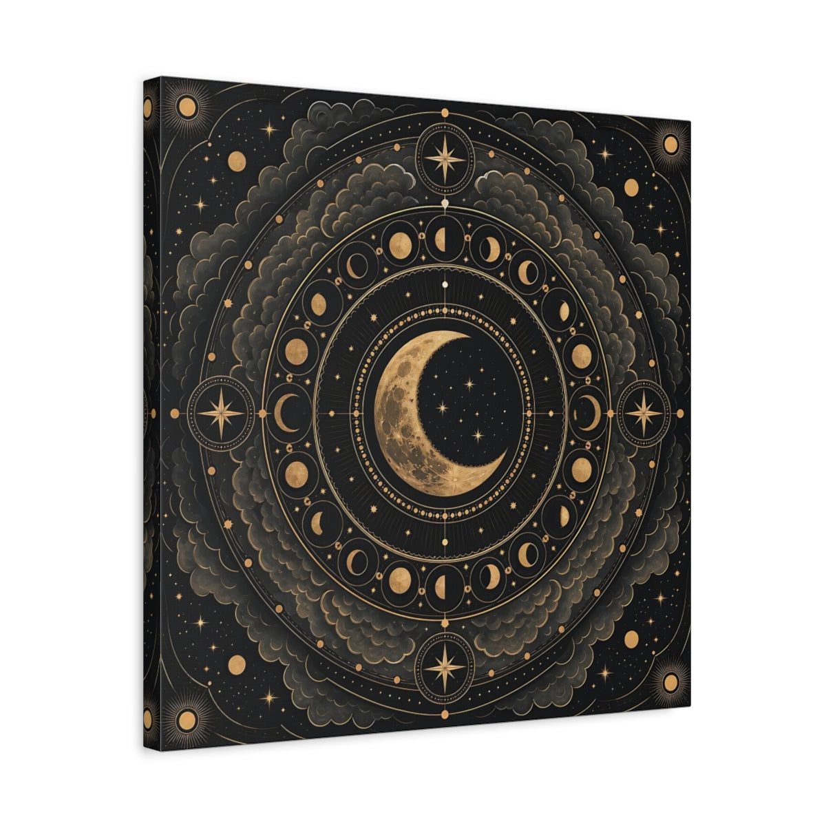Side Mockup 5. Nature Moon Phases Black And Gold Celestial shown as stretched canvas wall art