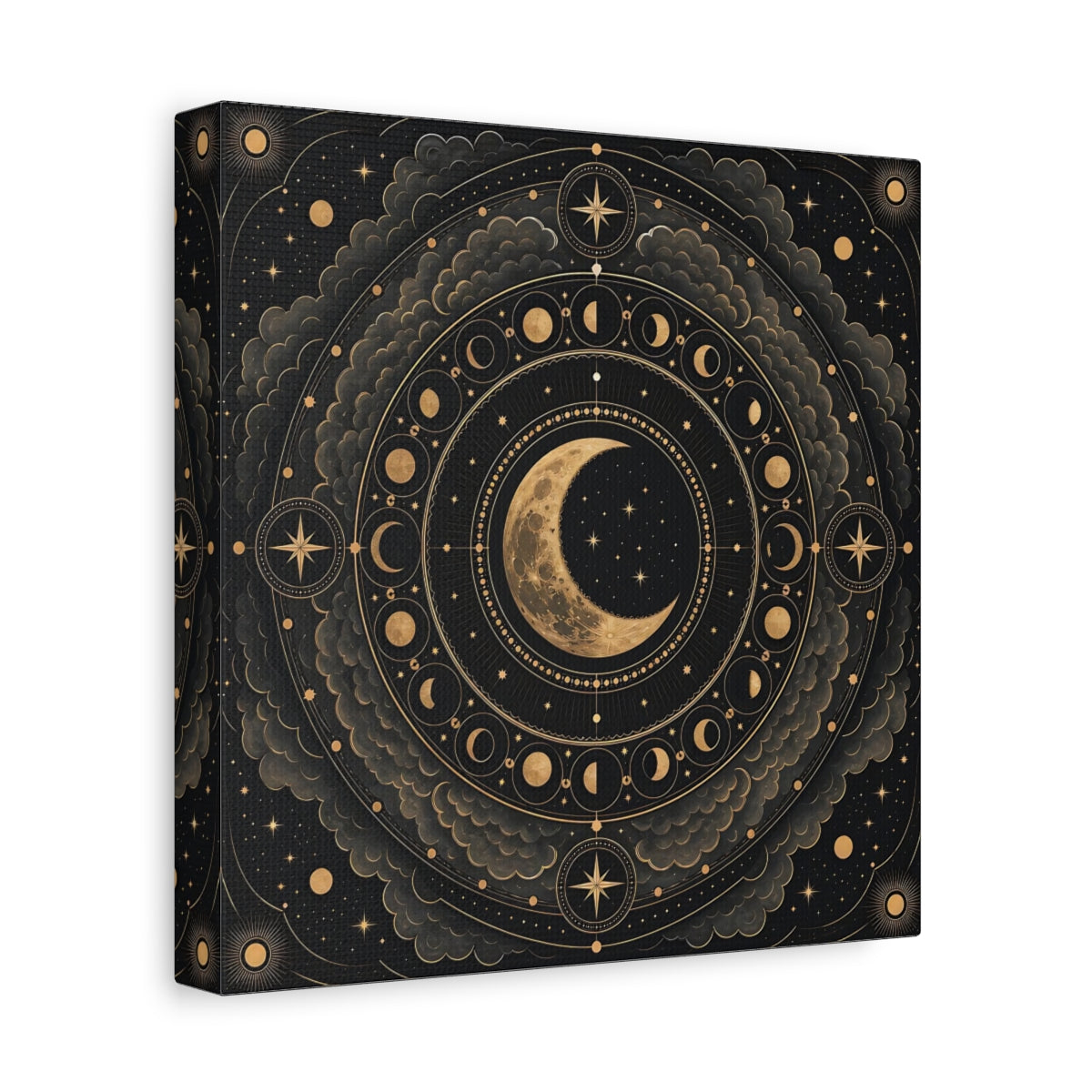 Side Mockup 9. Nature Moon Phases Black And Gold Celestial shown as stretched canvas wall art