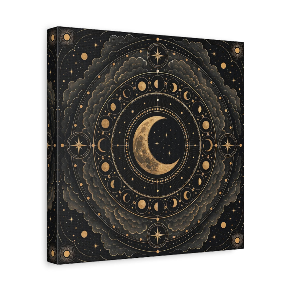 Side Mockup 8. Nature Moon Phases Black And Gold Celestial shown as stretched canvas wall art