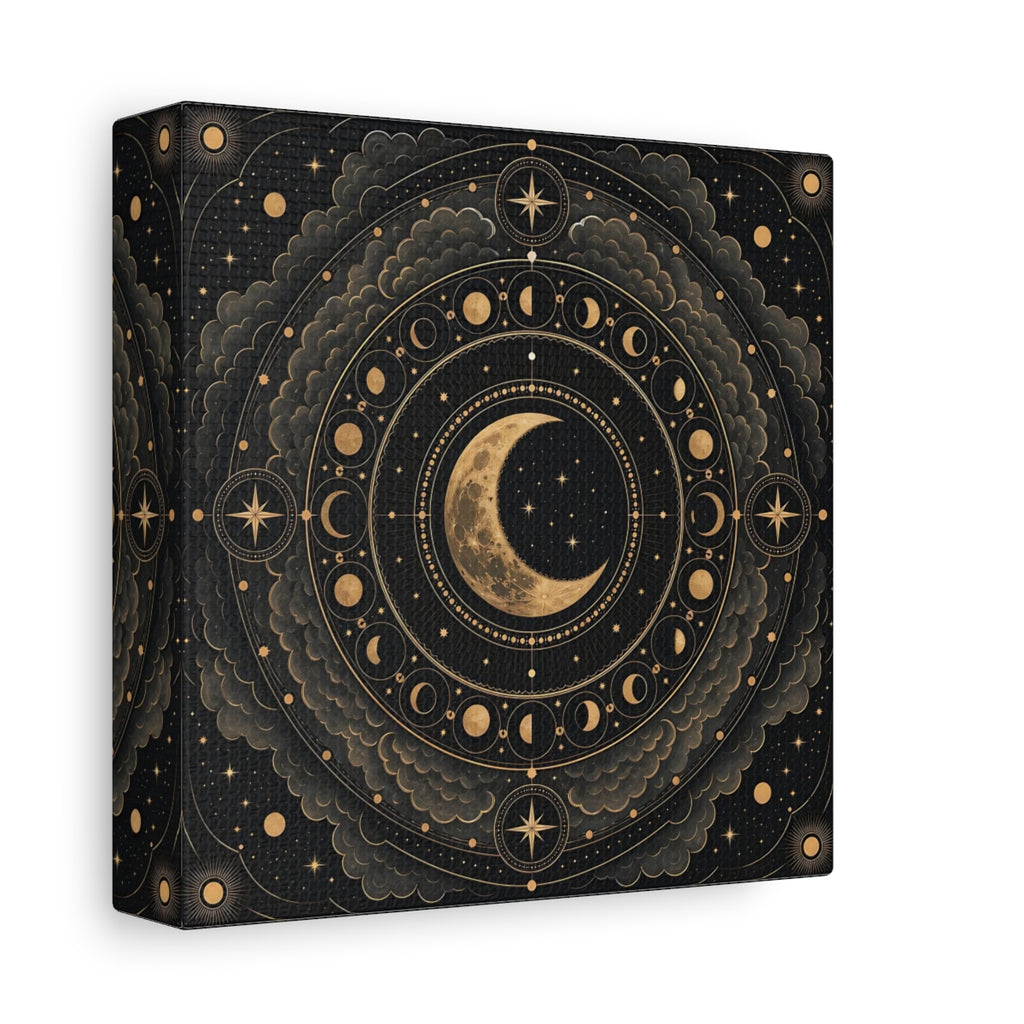 Side Mockup 2. Nature Moon Phases Black And Gold Celestial shown as stretched canvas wall art
