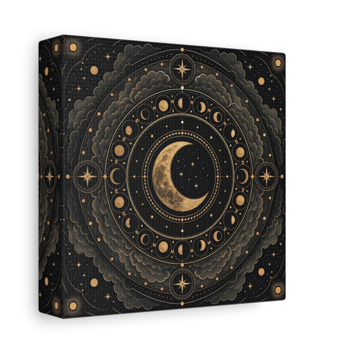 Side Mockup 2. Nature Moon Phases Black And Gold Celestial shown as stretched canvas wall art