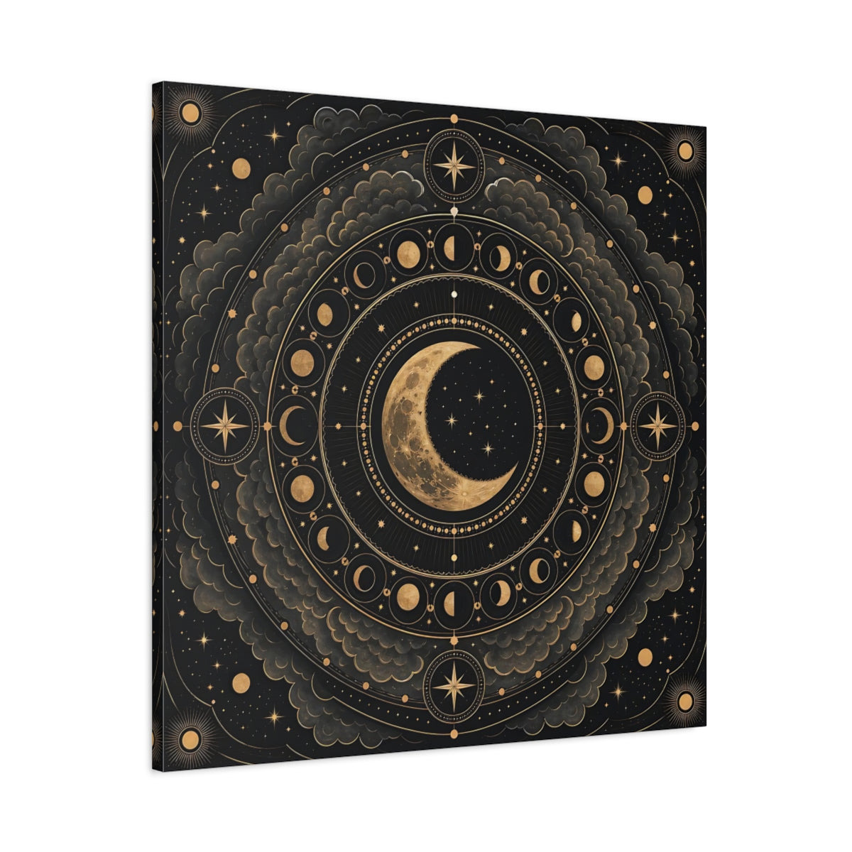 Main Mockup. Nature Moon Phases Black And Gold Celestial shown as stretched canvas wall art