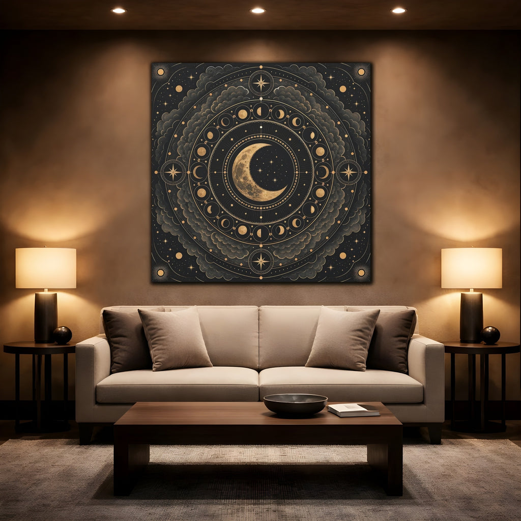Mockup 2. Nature Moon Phases Black And Gold Celestial shown as stretched canvas wall art
