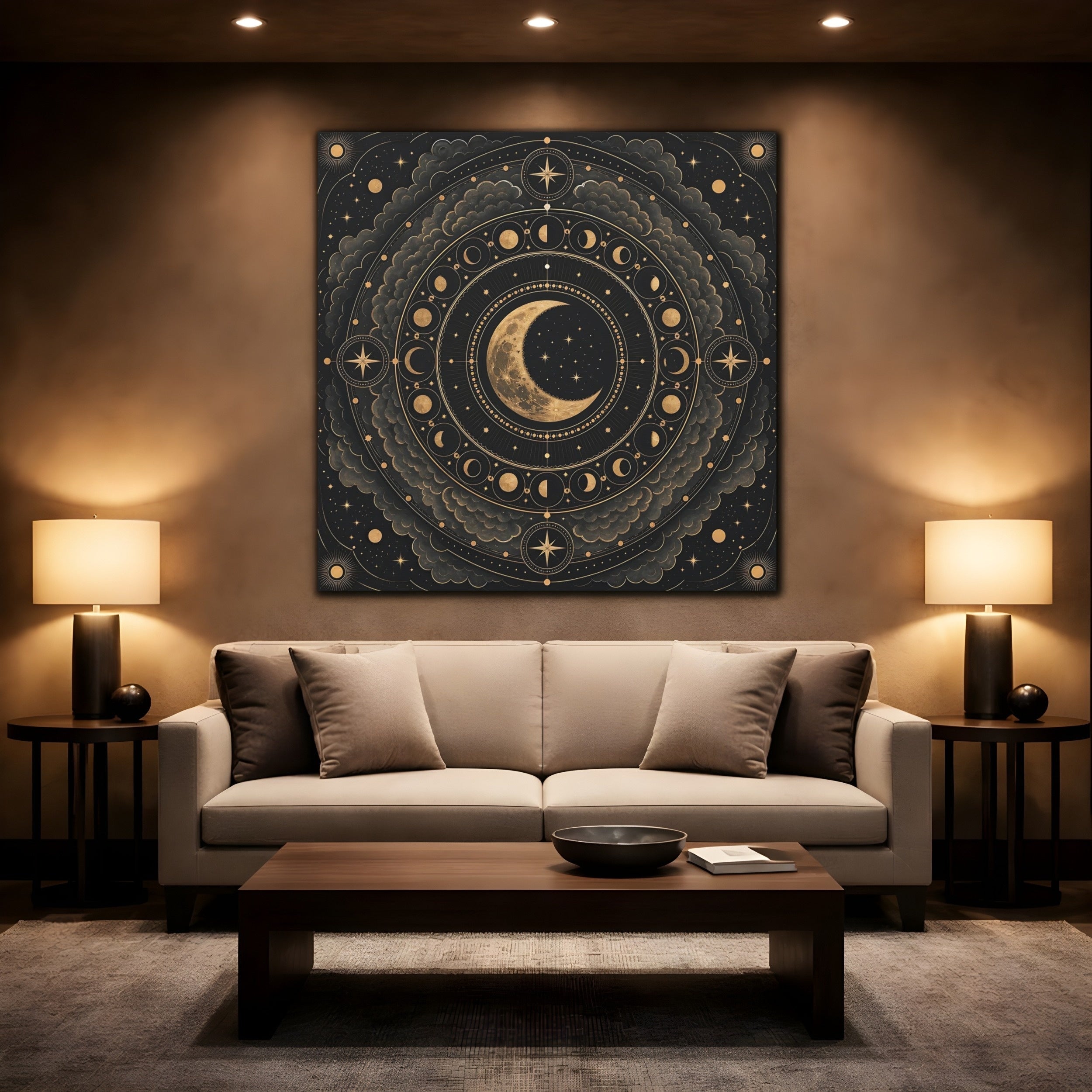 Mockup 2. Nature Moon Phases Black And Gold Celestial shown as stretched canvas wall art
