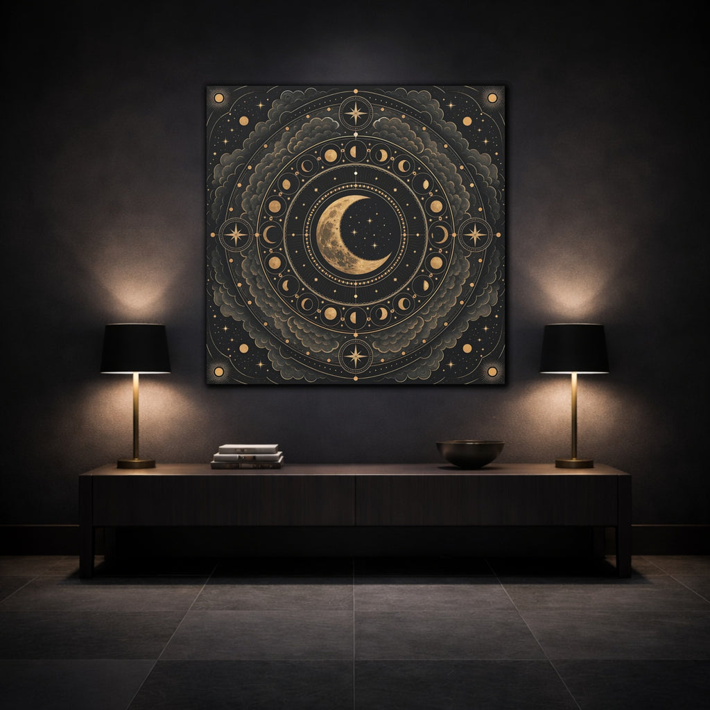 Mockup 3. Nature Moon Phases Black And Gold Celestial shown as stretched canvas wall art