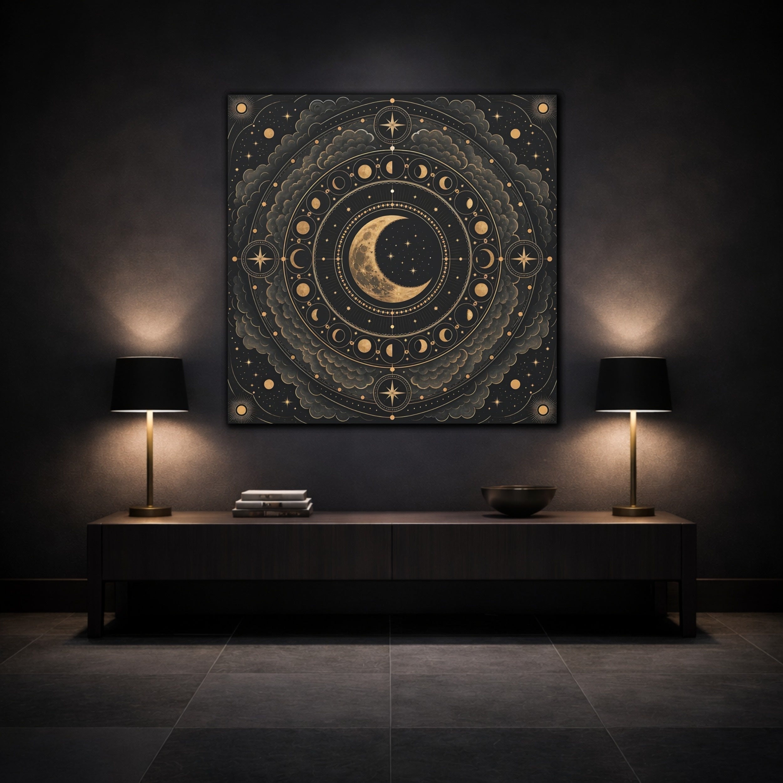 Mockup 3. Nature Moon Phases Black And Gold Celestial shown as stretched canvas wall art