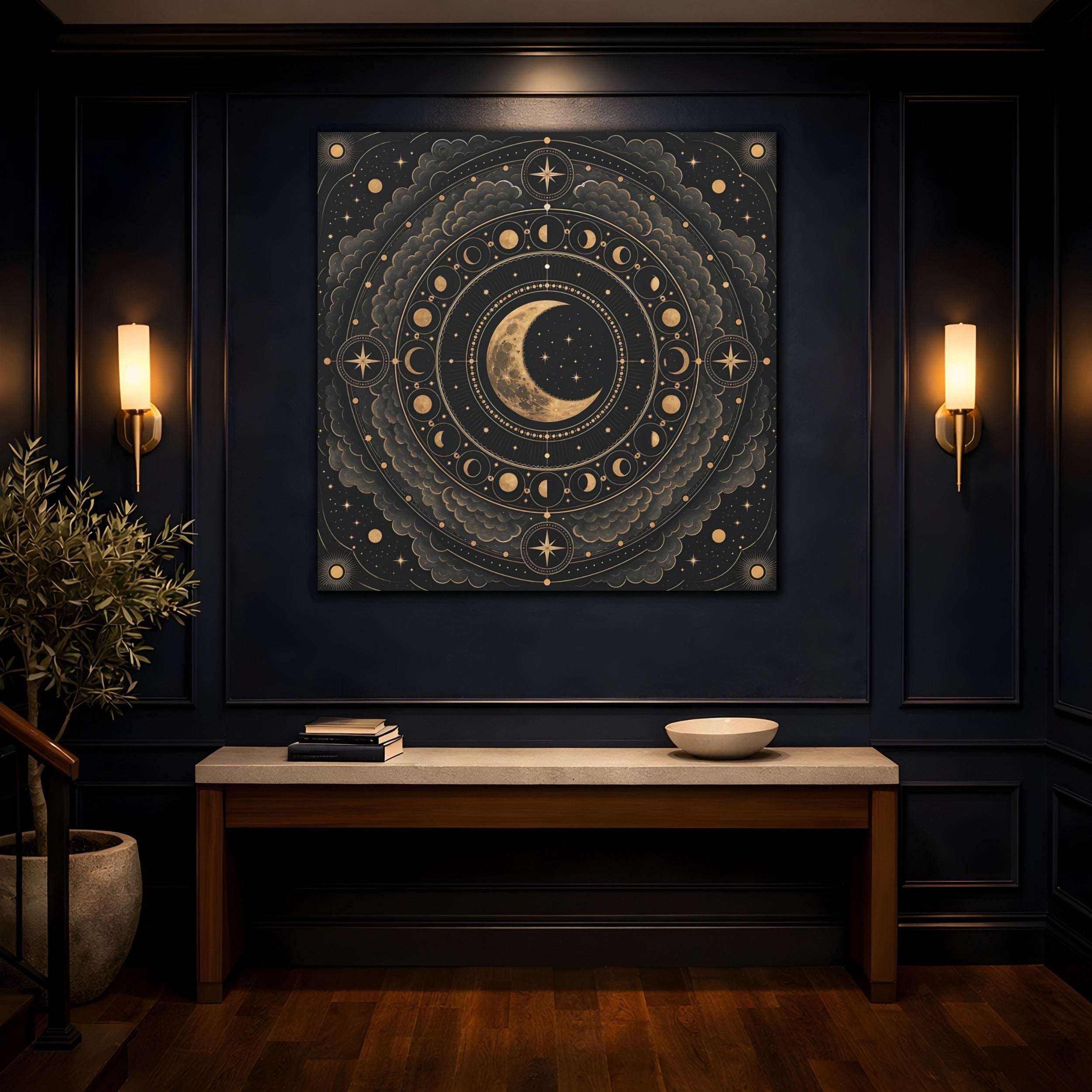 Mockup 4. Nature Moon Phases Black And Gold Celestial shown as stretched canvas wall art