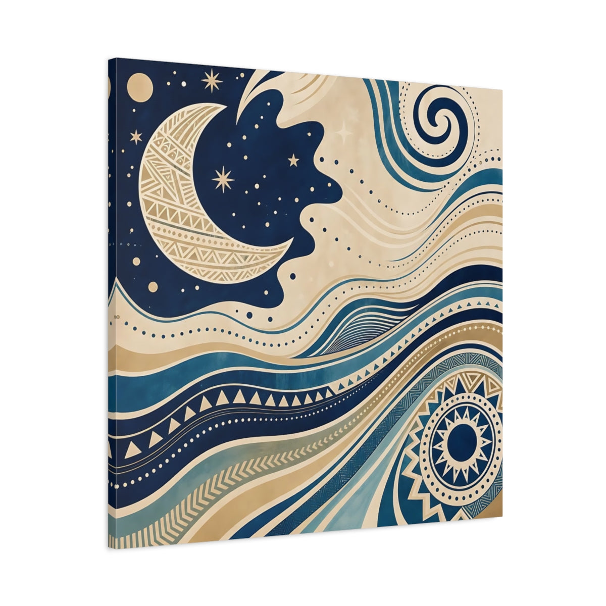 Main Mockup. Nature Moon Waves Blue And Beige shown as stretched canvas wall art