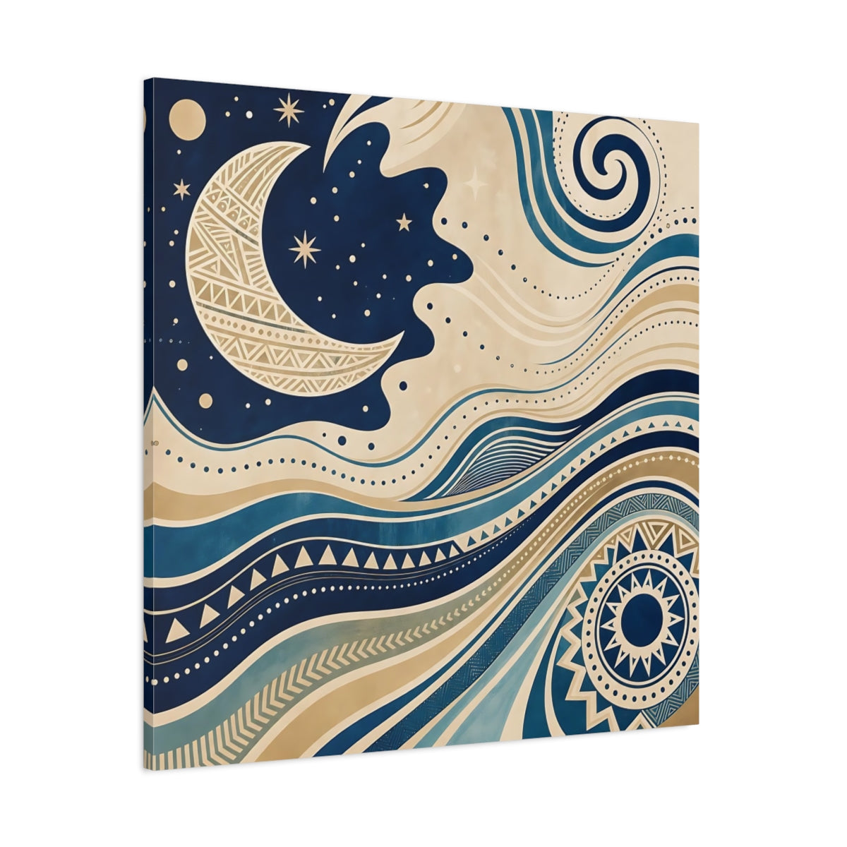 Side Mockup 1. Nature Moon Waves Blue And Beige shown as stretched canvas wall art
