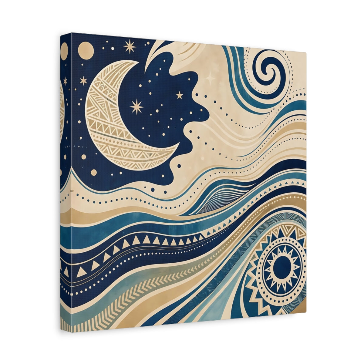 Side Mockup 7. Nature Moon Waves Blue And Beige shown as stretched canvas wall art
