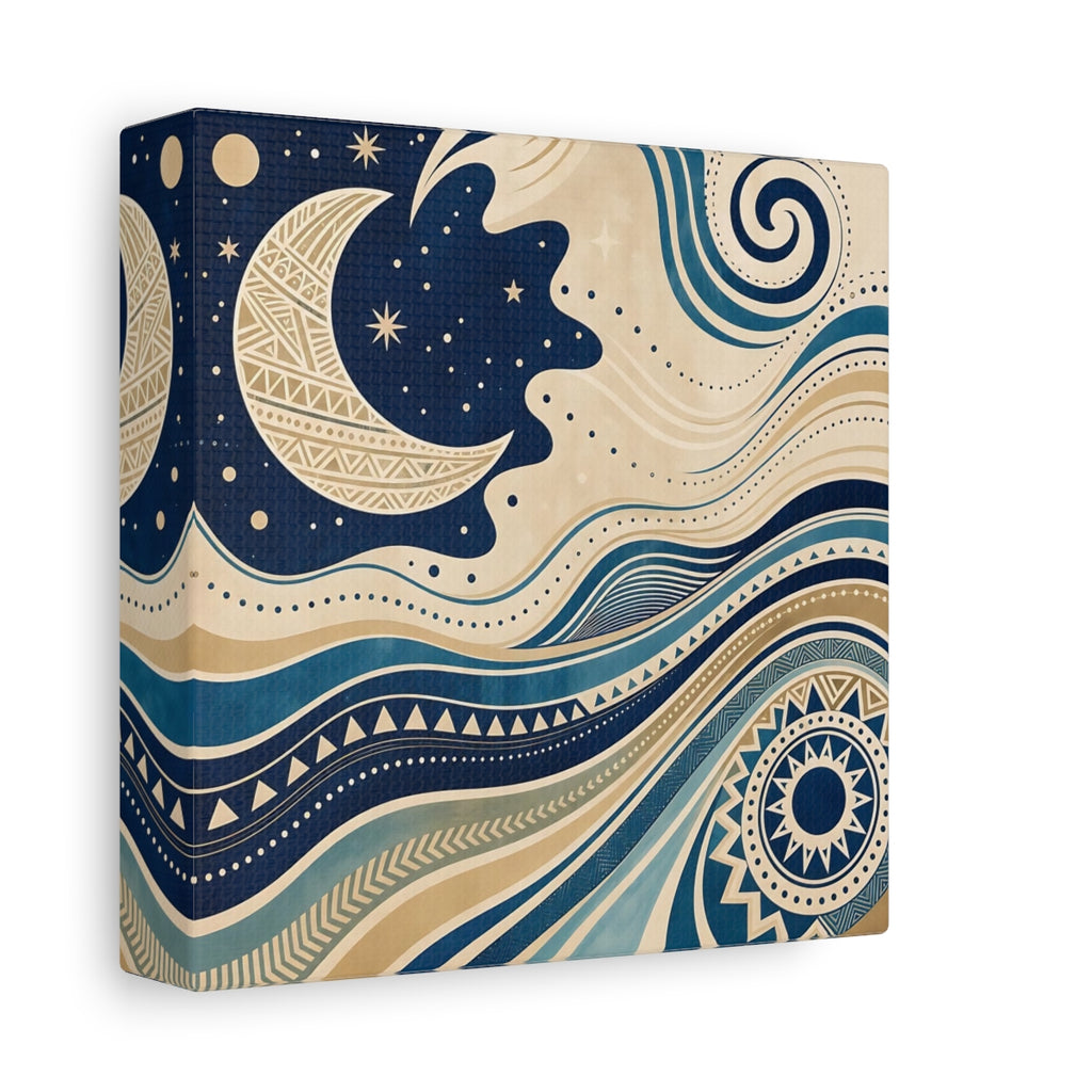 Side Mockup 2. Nature Moon Waves Blue And Beige shown as stretched canvas wall art