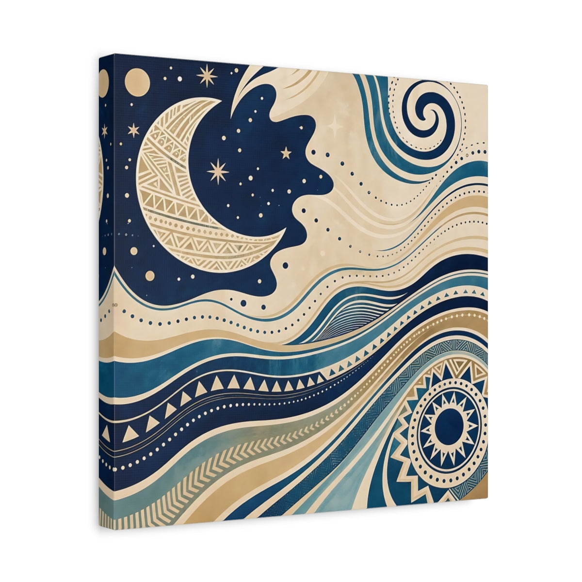 Side Mockup 6. Nature Moon Waves Blue And Beige shown as stretched canvas wall art