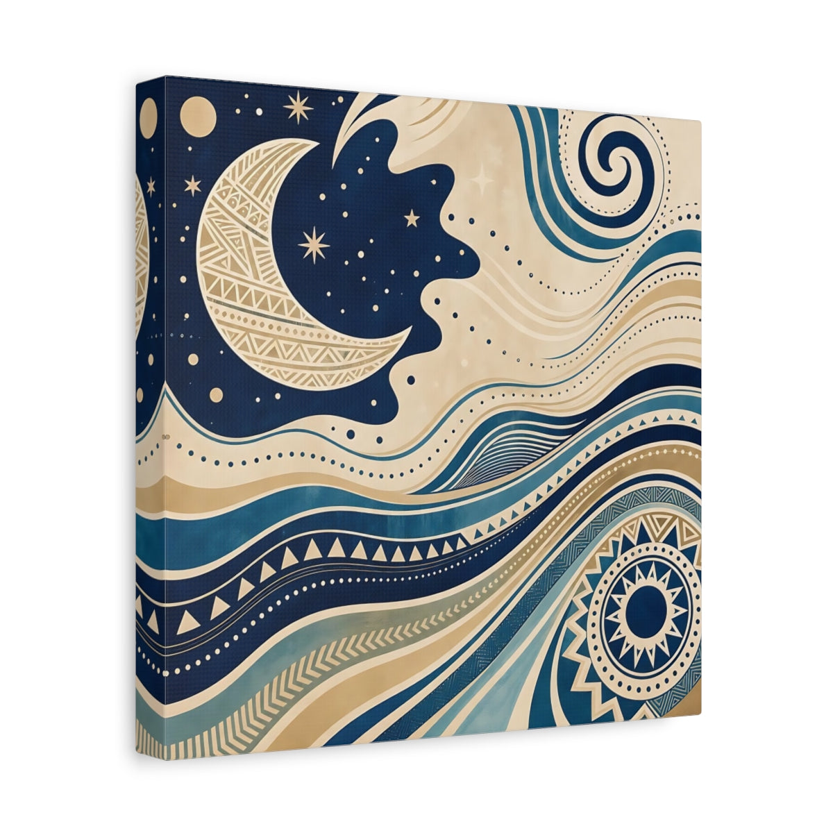 Side Mockup 8. Nature Moon Waves Blue And Beige shown as stretched canvas wall art