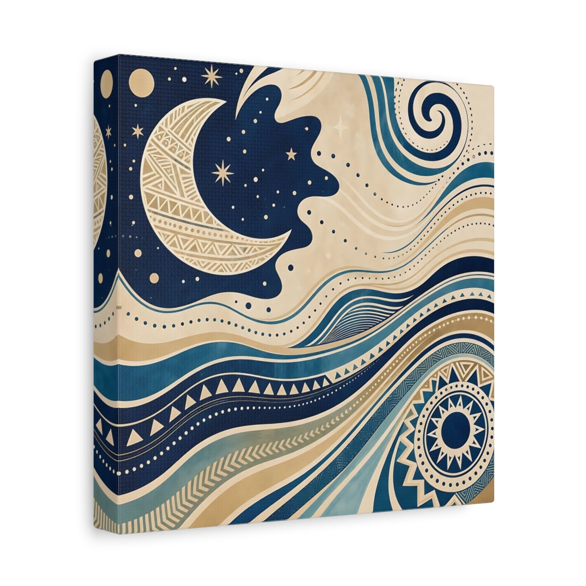 Side Mockup 9. Nature Moon Waves Blue And Beige shown as stretched canvas wall art