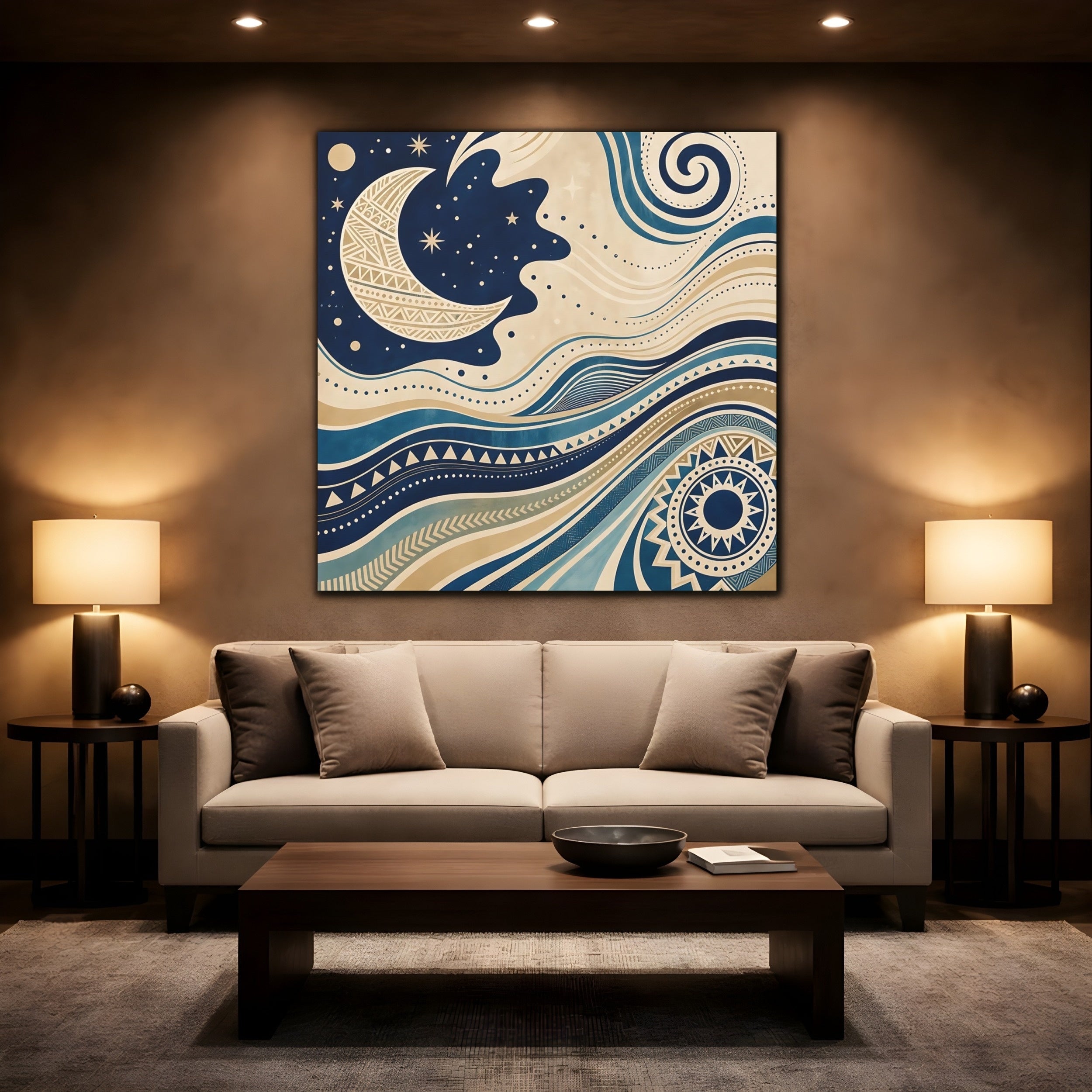 Mockup 2. Nature Moon Waves Blue And Beige shown as stretched canvas wall art