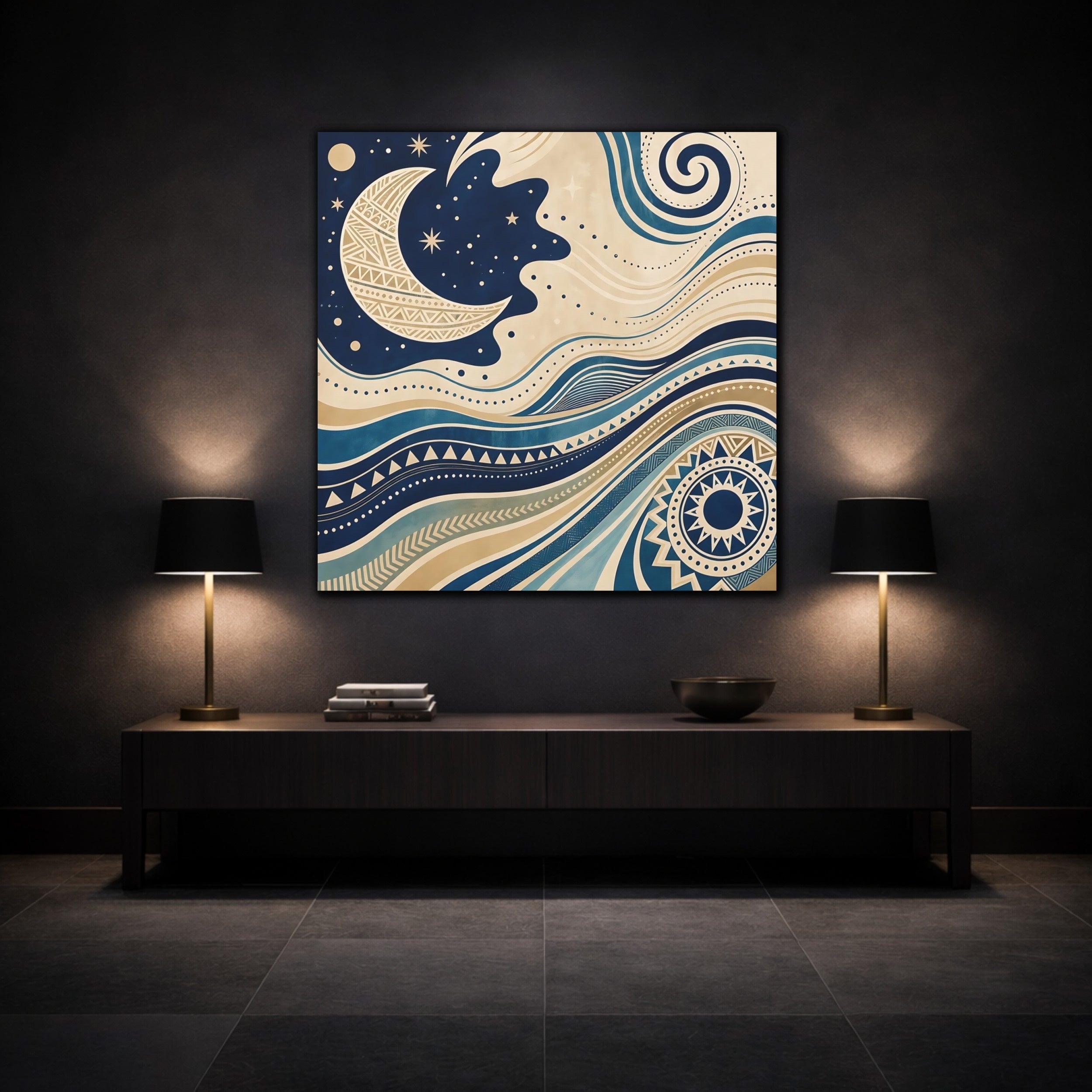Mockup 3. Nature Moon Waves Blue And Beige shown as stretched canvas wall art