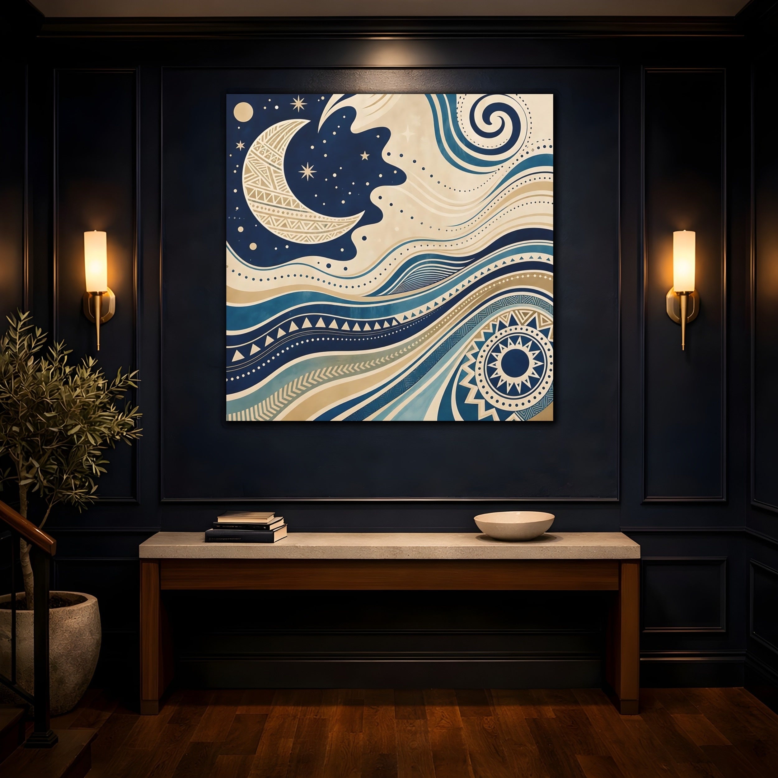 Mockup 4. Nature Moon Waves Blue And Beige shown as stretched canvas wall art