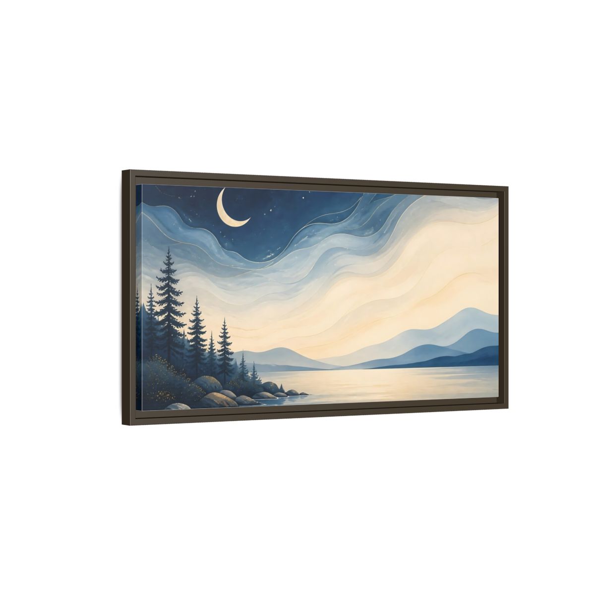Main Mockup. Nature Moonlit Lake Blue Night Landscape shown as stretched canvas wall art