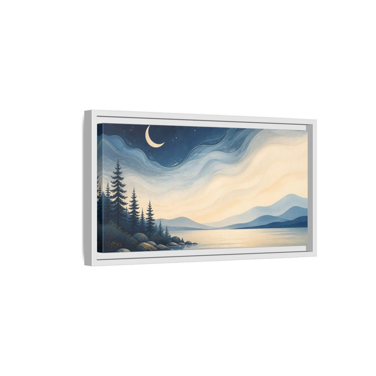 Side Mockup 6. Nature Moonlit Lake Blue Night Landscape shown as stretched canvas wall art
