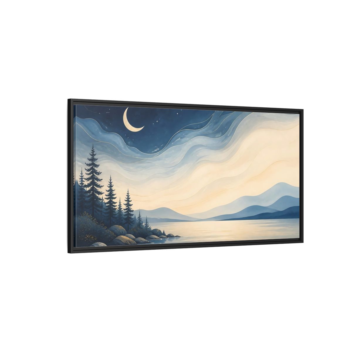 Side Mockup 5. Nature Moonlit Lake Blue Night Landscape shown as stretched canvas wall art